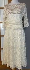 70s Kiyonna Floral Lace Formal Dress 12 Ivory Ruched Fairy Romantic USA Made