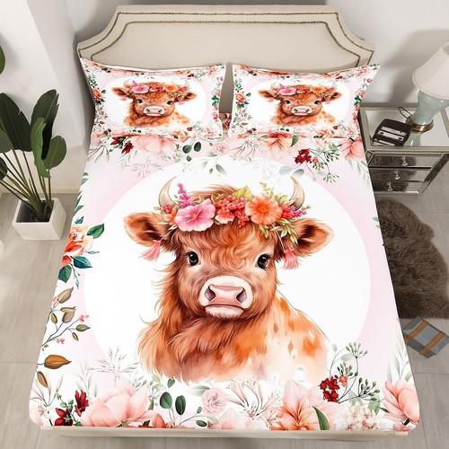 Cute Highland Cow Sheet Set Twin Size Kids Cartoon Animal Sheets with Deep Po - Picture 3 of 7