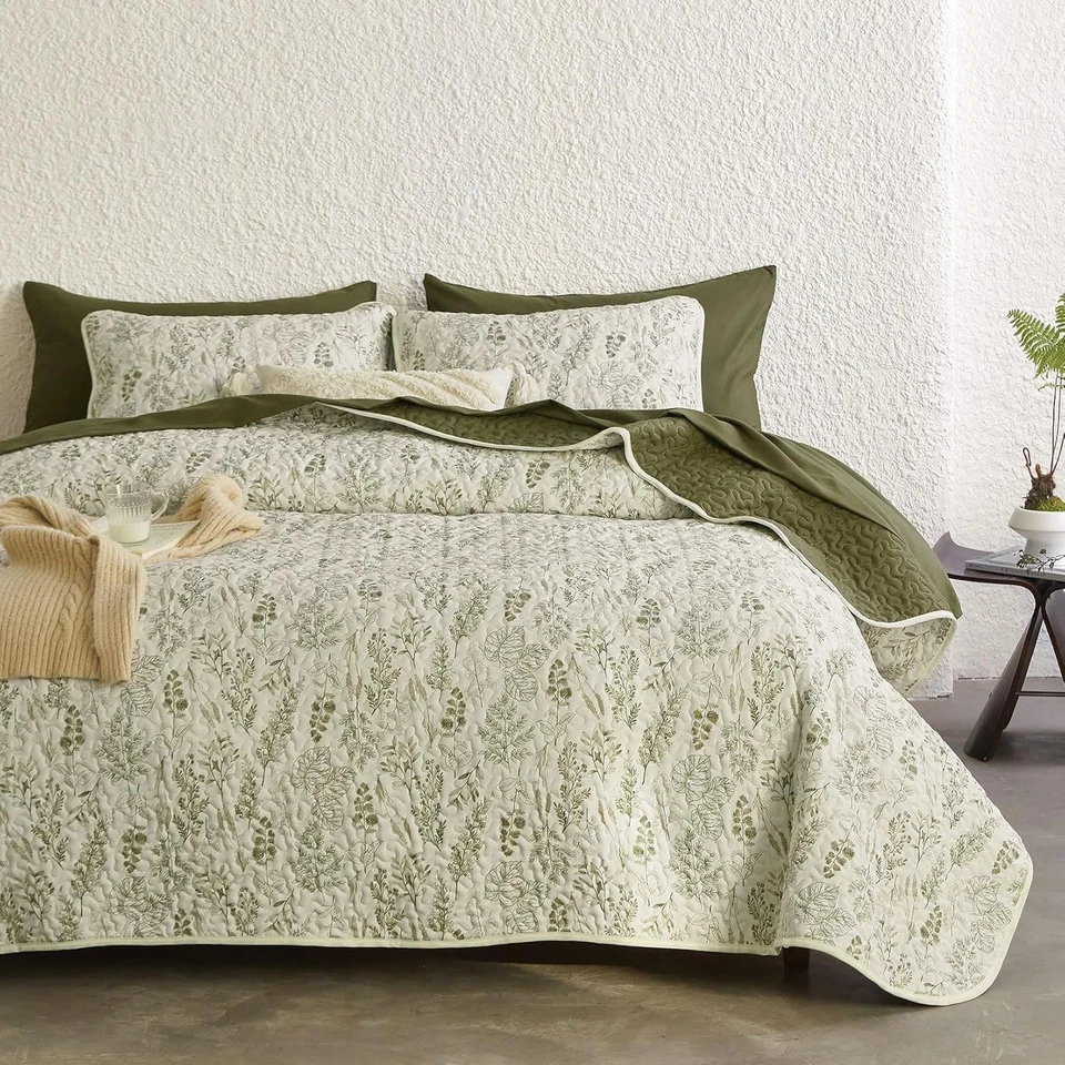 Juego de edredón floral doble XL verde cottagecore colcha cubrecama 3 piezas ropa de cama Foto 2 de 4