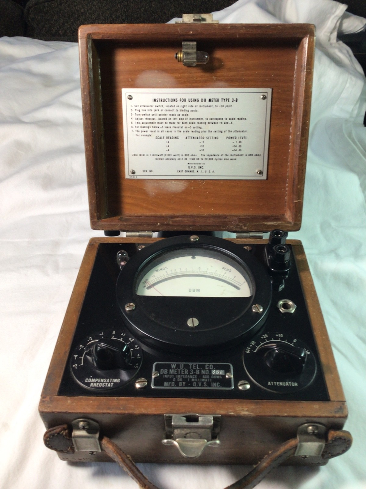 Vintage Western Union DB Meter Model 3-B With Rheostat Original Wooden Case