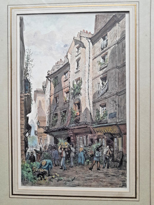 ALFRED ALEXANDRE DELAUNEY 1830-1894 AQUARELL RUE PIROUETTE AUX HALLE PARIS