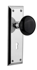 Nostalgic Warehouse CHROME New York Plate W/ Keyhole & Black Round Door Knob NIB