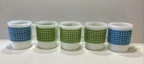 Lot Of 5 Fire King Gingham Mugs Blue/ Green Stackable Vintage 1960s USA