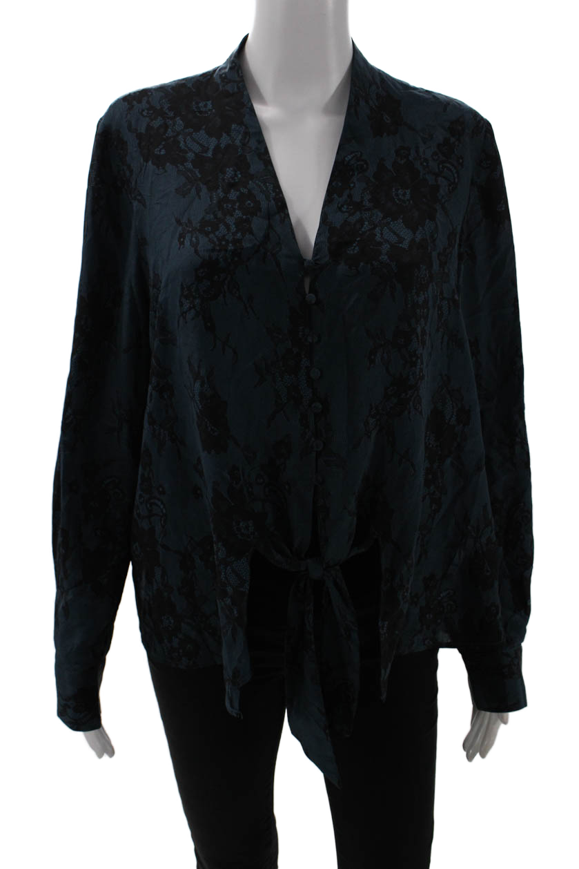 Club Monaco Womens Silk Floral Tie Front Long Sleeve Blouse Top Blue Size L