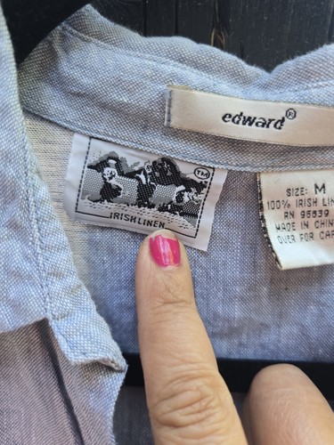 Vintage Edward Womens Shirt Button Sleeveless Irish Linen M Embroidered Blue - Picture 3 of 4