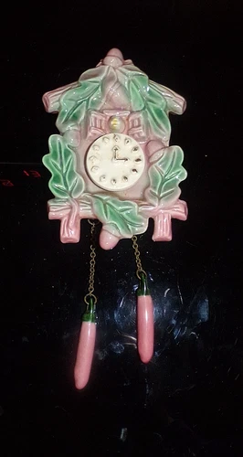 Vintage McCOY Ceramic Pink & Green Cuckoo Clock Wall Pocket