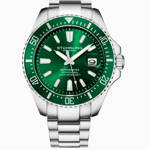 Stuhrling 3950A Men's Diver, Silver Case, Green Dial, Green Bezel, Stainless Ste