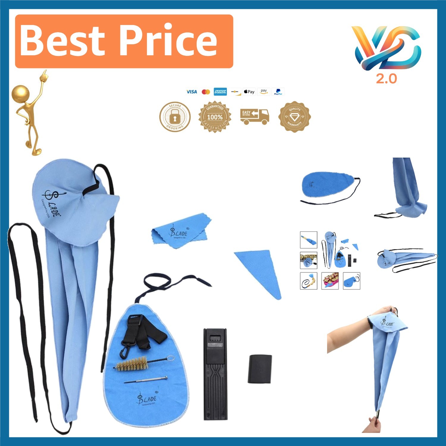 Compact Saxophone Cleaning Kit: Adjustable Neck Strap & Comprehensive Care