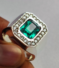 Men's Emerald Silver Ring - Solid 925 Sterling Silver Ring - Men's Handmade Ring