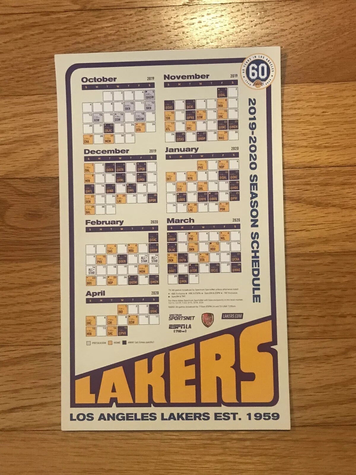 Los Angeles Lakers 2019-2020 Season Schedule Magnet & Pocket Schedule