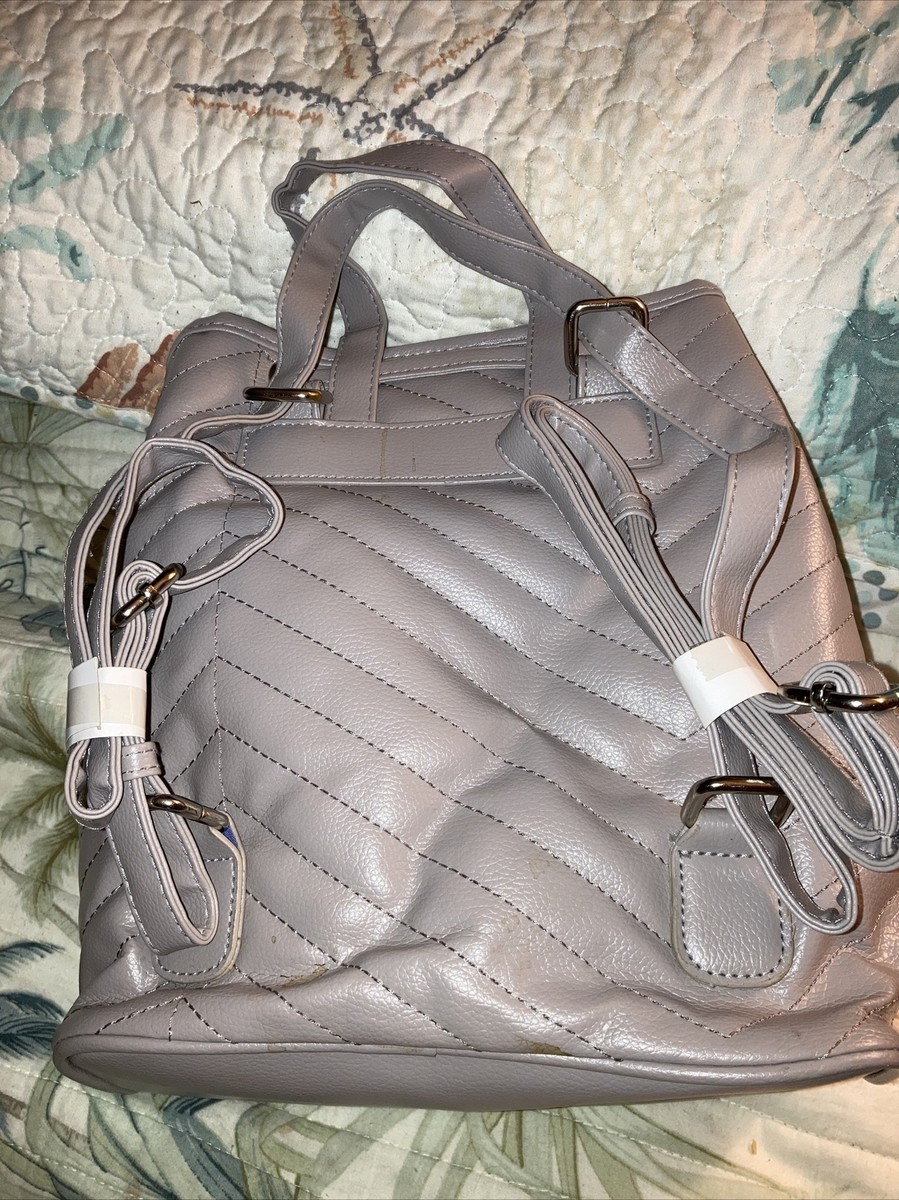 Belle Russo Drawstring Backpack in Gray Bella Russo Backpack Purse Gray Taupe Faux Leather Quilted  main image 4