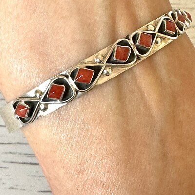 Zuni Cuff Bracelet Carved Red Coral 6.5in Sterling Signed FC