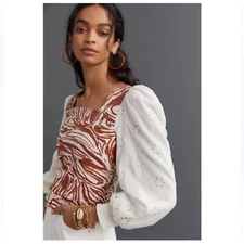 Anthropologie Love The Label Smocked Eyelet Puff Balloon Sleeve Blouse NWT PL