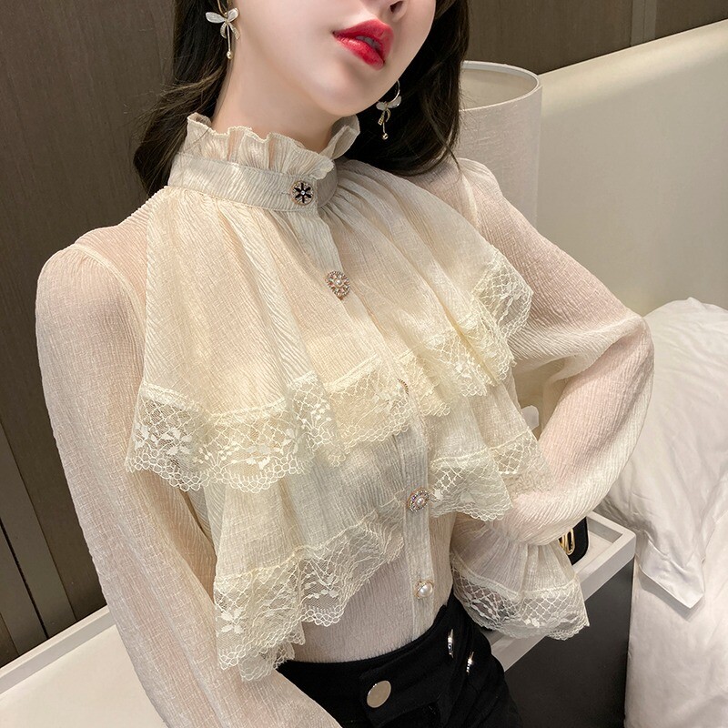 トップス melt the lady lace ruffle tops Lady Lace Shirts Ruffle Tops Blouse Polka Dot Embroidery