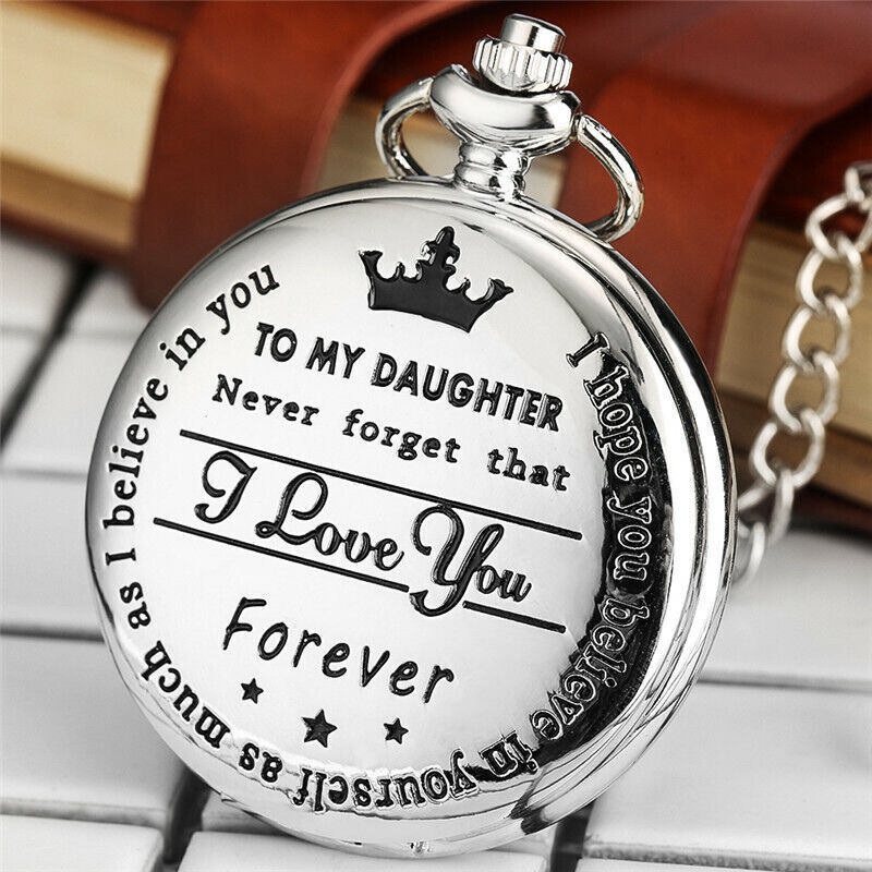 Laser Engraved My Daughter Quartz Pocket Watch Pendant Chain Gift