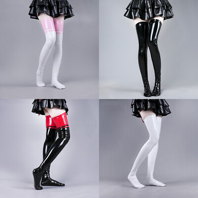 Latex Contrast Thigh High Stockings Women's Leather Wet Look Skinny Stocking