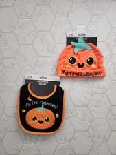 Nwt My First Halloween Pumpkin Infant Bundle Bib and Hat, 0-12m