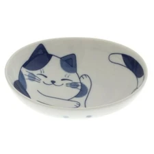 Japanese Rice Soup Dessert Bowl Oval 5.25"L Porcelain Blue Calico Cat JAPAN MADE