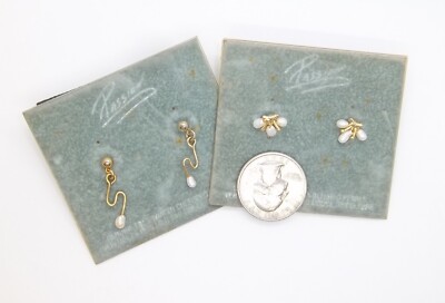 2 Pair Genuine Saltwater Pearl Gold Tone Stud Pierced Earrings By Passion #676