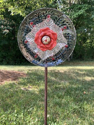 Oversized Painted Red & Green Glass Garden Flower Repurposed