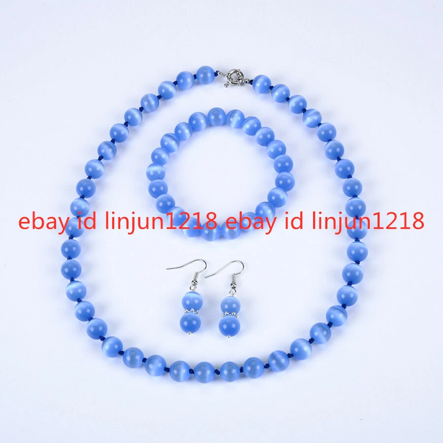 Juego de pendientes collar ojo de gato ópalo mexicano redondo multicolor 8/10 mm Foto 3 de 4