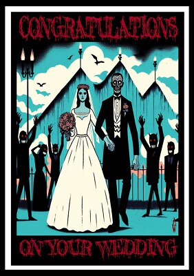 Glückwunschkarte Hochzeit Alternative Blanko Horror Zombie Skelett Gothic Wed1