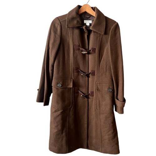 BARNEYS Peacoat Cashmere Brown Toggle Buttons Collared Italy Designer 38 Small - Picture 1 of 11