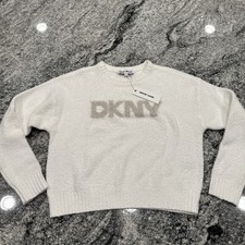 DKNY Jeans Size Medium Logo Sweater Soft and Cozy Warm Gray White Fuzzy NWT 271