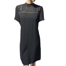 TAHARI Women's Black Studded Dress Size 10 Sheer Mesh Top Short Sleeve Mock NWT