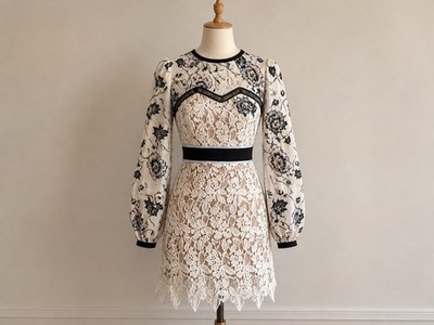 Self-Portrait Lace Floral Mini Dress Long Sleeve Black Cream US 4