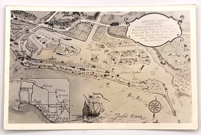 RPPC Newport Harbor CA Pictorial Map Postcard Real Photo Nautical Theme c1940