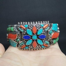 Old Chinese Tibet Silver Inlay Turquoise Coral mellite Bracelet Collection