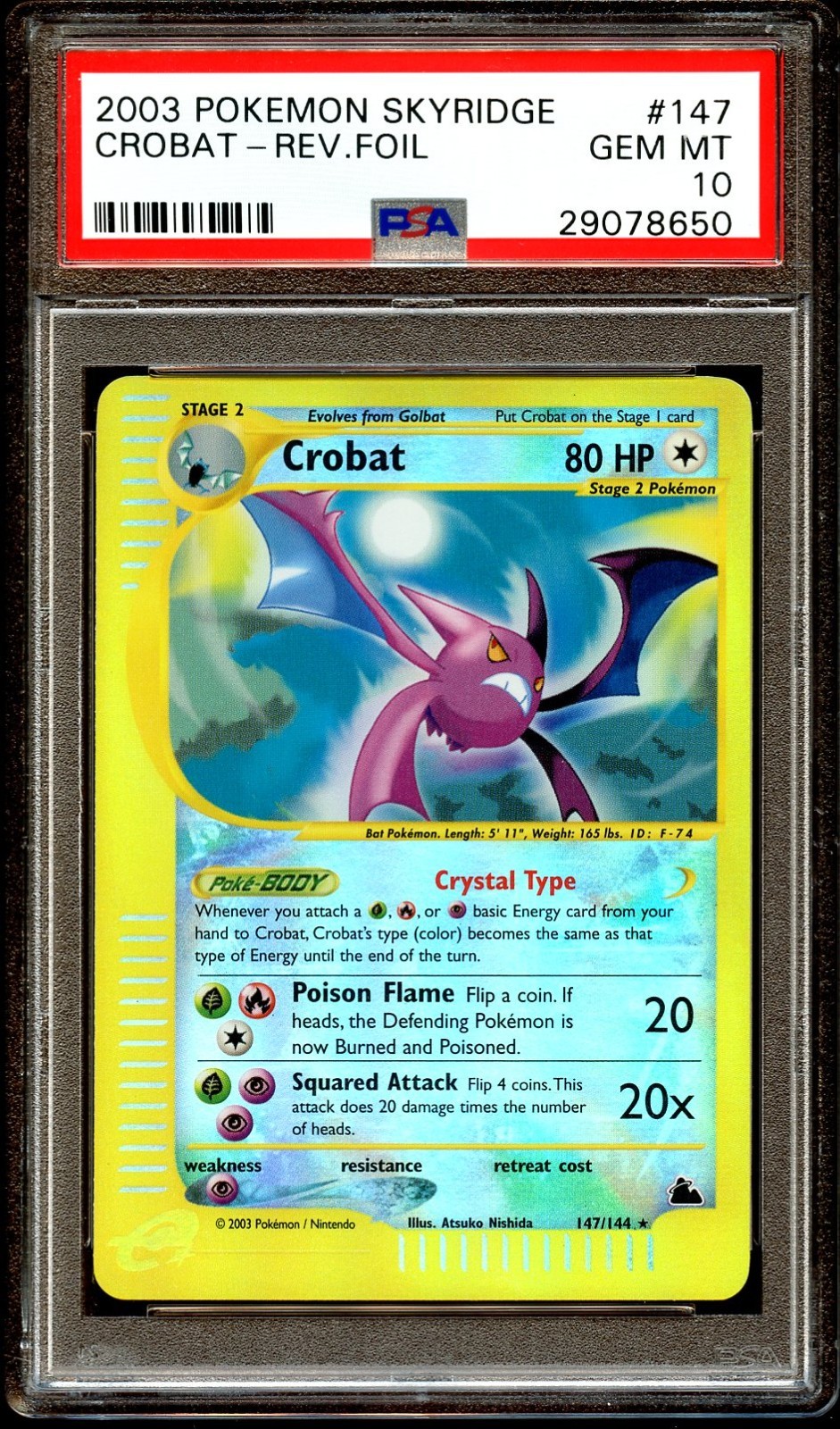 PSA 10 GEM MINT Crobat 147/144 CRYSTAL REVERSE HOLO Skyridge Pokemon Card 650