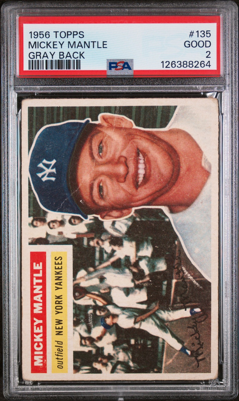 1956 TOPPS GRAY BACK #135 MICKEY MANTLE PSA 2