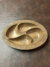 VINTAGE Hand Carved Wooden 4 Compartment Snack Nut Party Bowl Floral Design 13x9