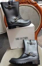 Dream Pairs Ladies Designer Black Wellies Rain Boots, Pull On Size 6.5 New Boxed