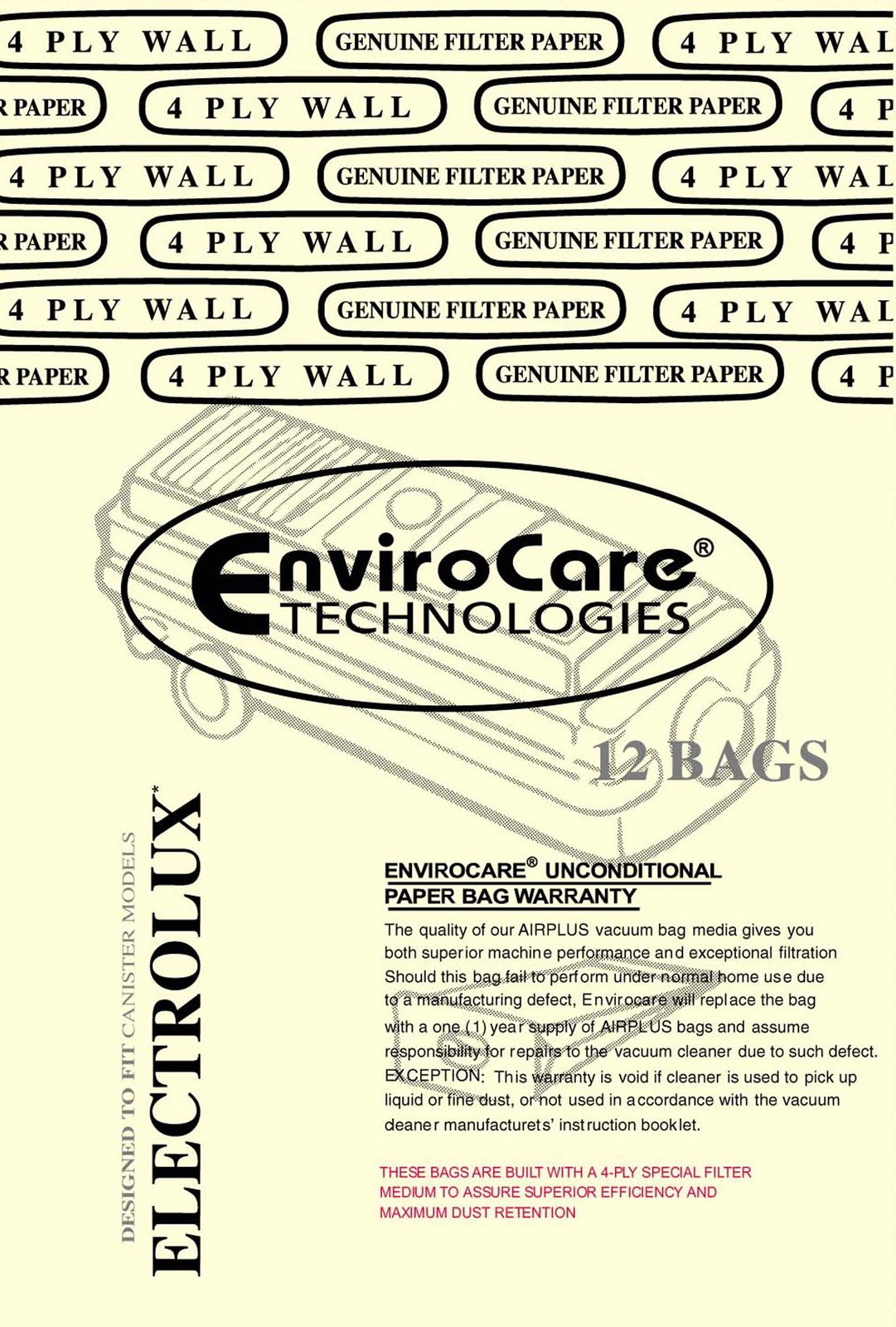 Replacement 4 Ply Filtration Vacuum Cleaner Dust Bags Designed to Fit Electro...