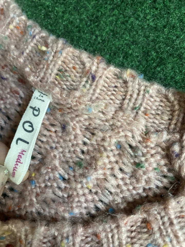 POL Sweater Womens Pink White Lace Trim Open Cable Knit Oversized Sz Medium - Image 4 of 4