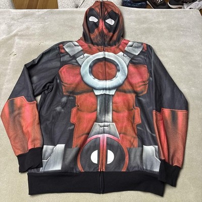 Marvel Deadpool Hoodie Mens XL Red Black Full Zip Face Mask Cosplay Costume