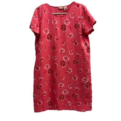 LL Bean Size 10 REG Pink Floral 100% Linen Shirt Dress Short Sleeve Nautical
