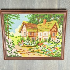 Needlepoint Cross Stitch Embroidery Detailed Cottage Framed Vintage