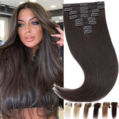 Glatt Clip In 100% Remy Echthaar Hair Extensions Haarverlängerung 8 Tressen Weft - Bild 1 von 4