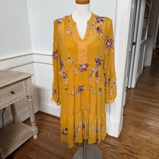 FIGUEROA & FLOWER Mustard Yellow Embroidered Tiered Boho Midi Dress Size L