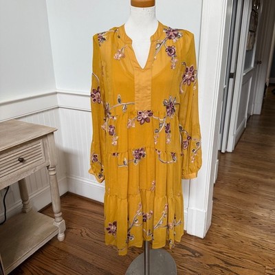 FIGUEROA & FLOWER Mustard Yellow Embroidered Tiered Boho Midi Dress Size L