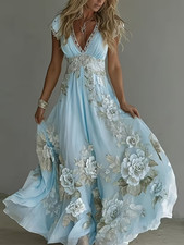Plus Size Charming Sophisticated Floral Blue Design V-Neck Dress