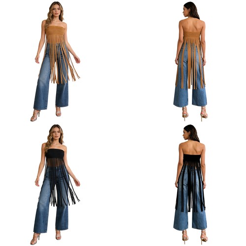 Damen Party Western Kleid Stil Quaste Strass Streetwear Röhre Freizeit lang - Bild 3 von 24
