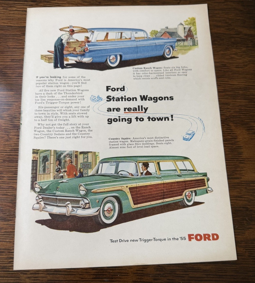 1955 FORD STATION WAGONS - Vintage Magazine Print Ad