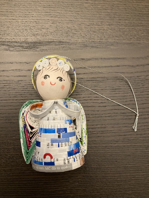 RECYCLED FOLDED PAPER ANGEL ORNAMENT WOODEN HEAD CHRISTMAS HOLIDAY GIFT