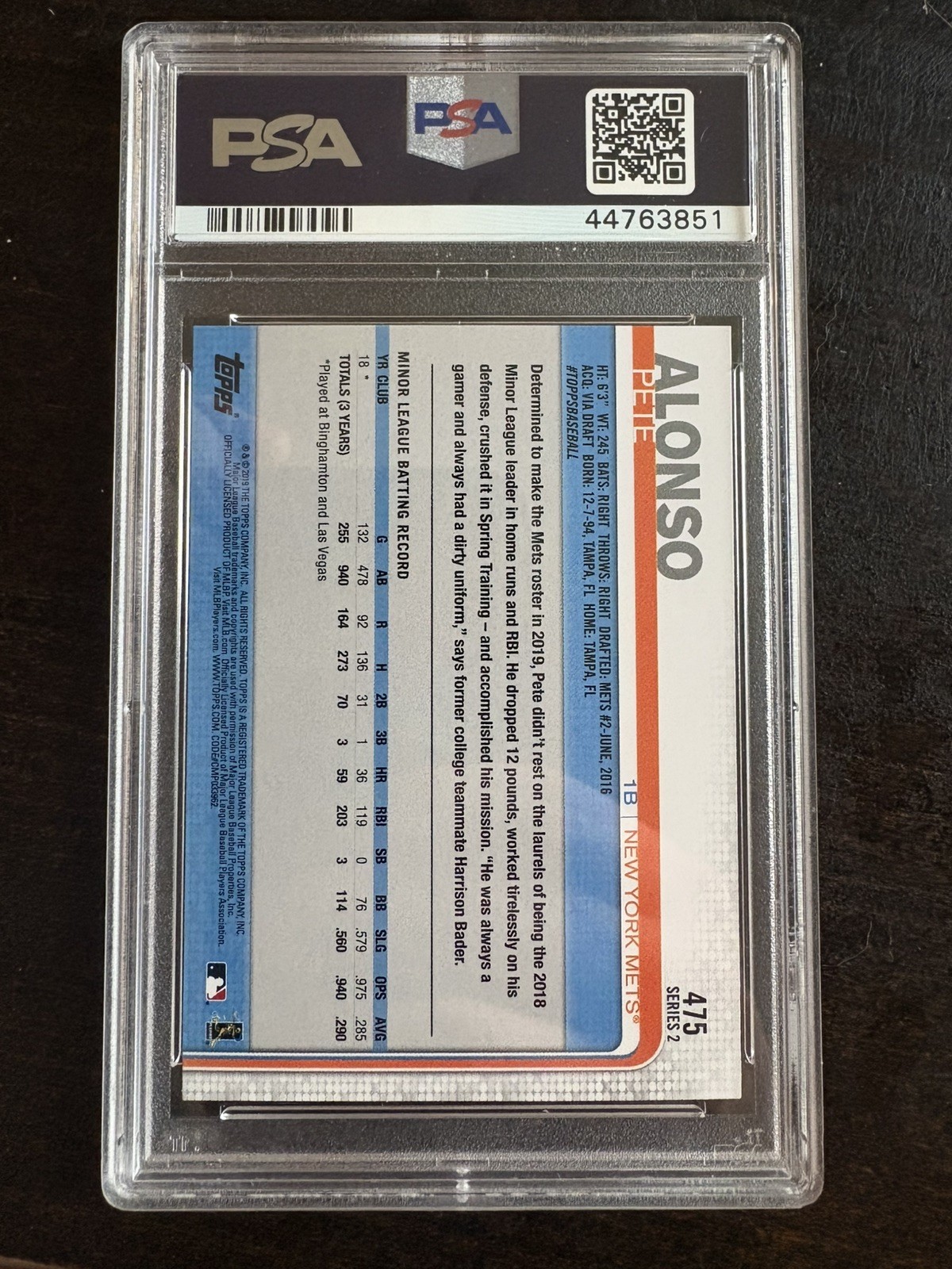 2019 Topps Pete Alonso #475 Rookie Card PSA 10 GEM MINT view 2