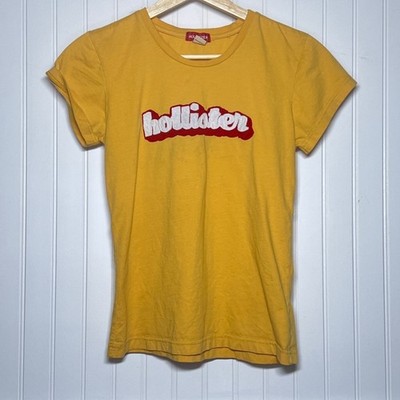 Yellow Hollister T-Shirt Red Logo Vtg Y2K Short Sleeve Bubble Letter Cotton